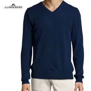 J.LINDEBERG Blue super fine merino and cashmere V-Neck Sweater - Size Medium